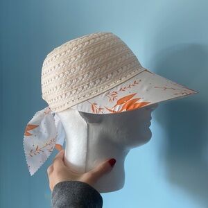 New Woven White And Orange With Sequin Sun Hat With Elastic And Cute Bow In Back